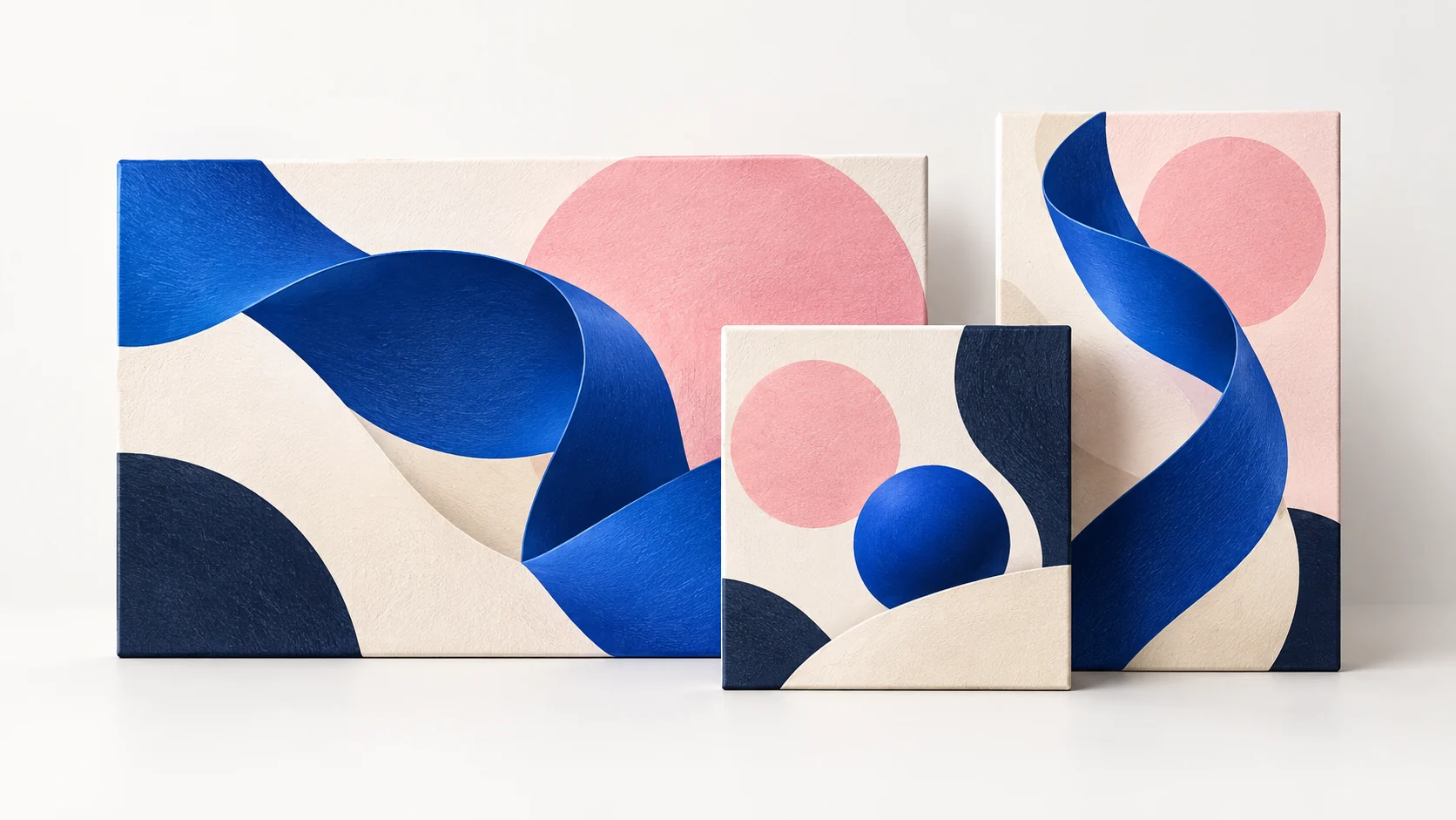 Blue and pink abstract cover artwork on landscape, square, and portrait canvases