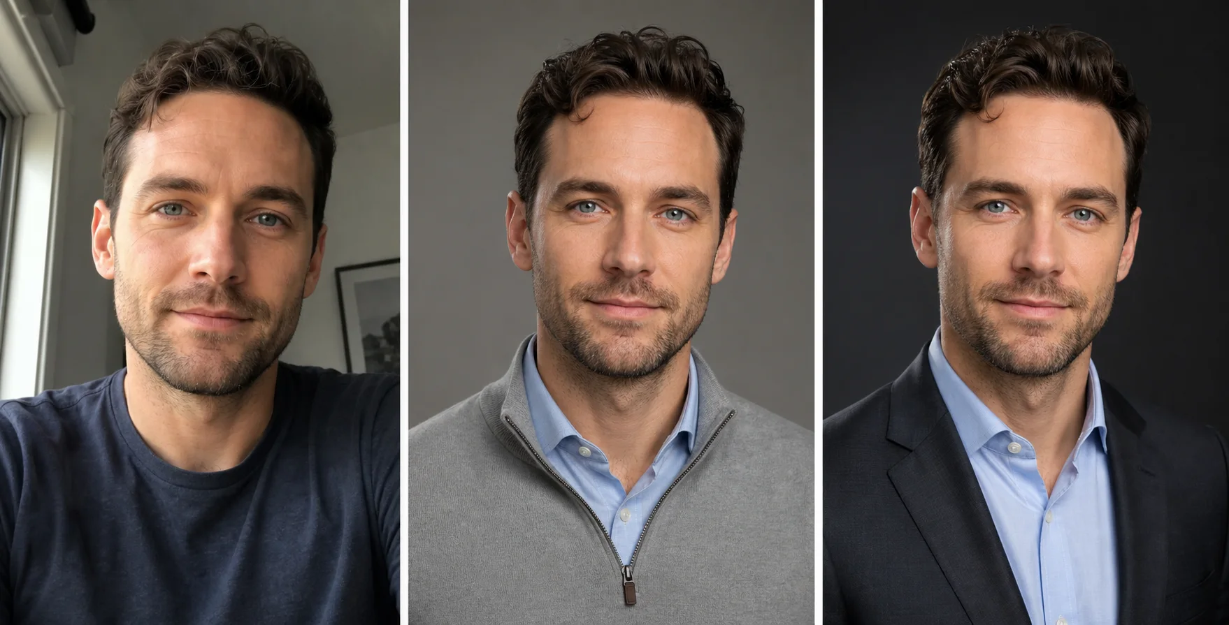 AI-generated fictional example: source selfie, LinkedIn portrait and executive headshot