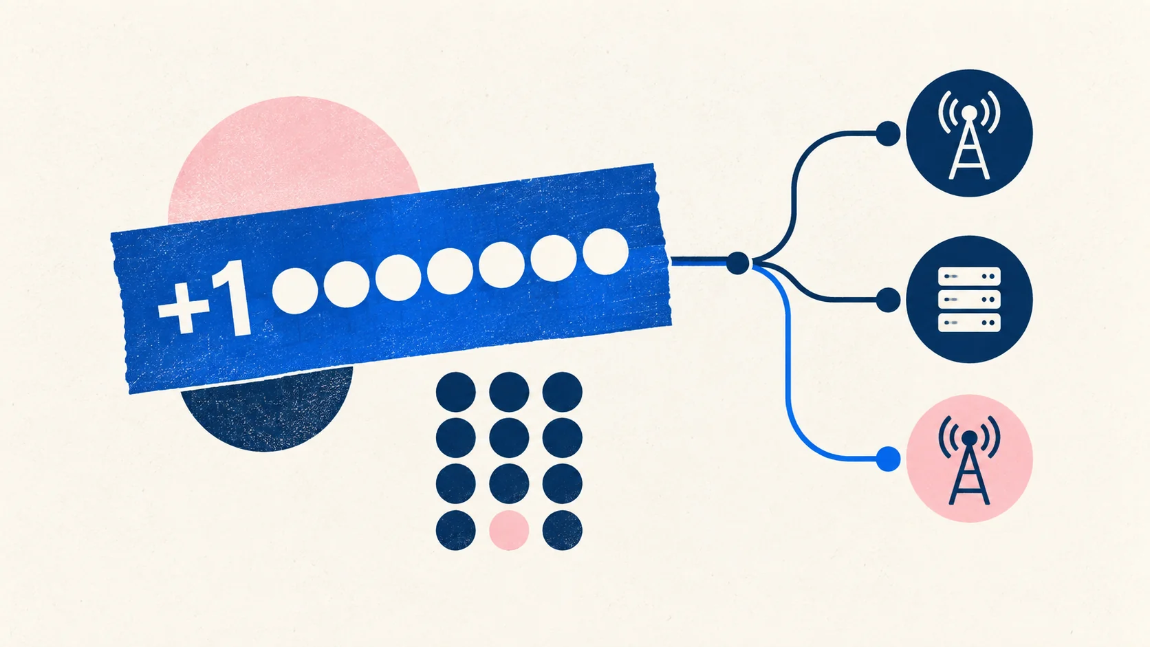 Blue phone number card connected to carrier and network nodes in a flat editorial illustration