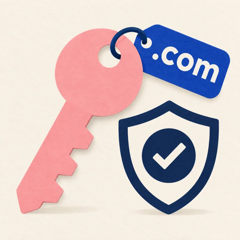 A pink key, .com tag and ownership shield, illustrating domain registration
