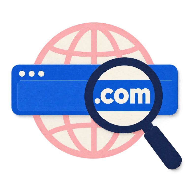 A magnifying glass over a blue .com address and a pink globe, illustrating domain search